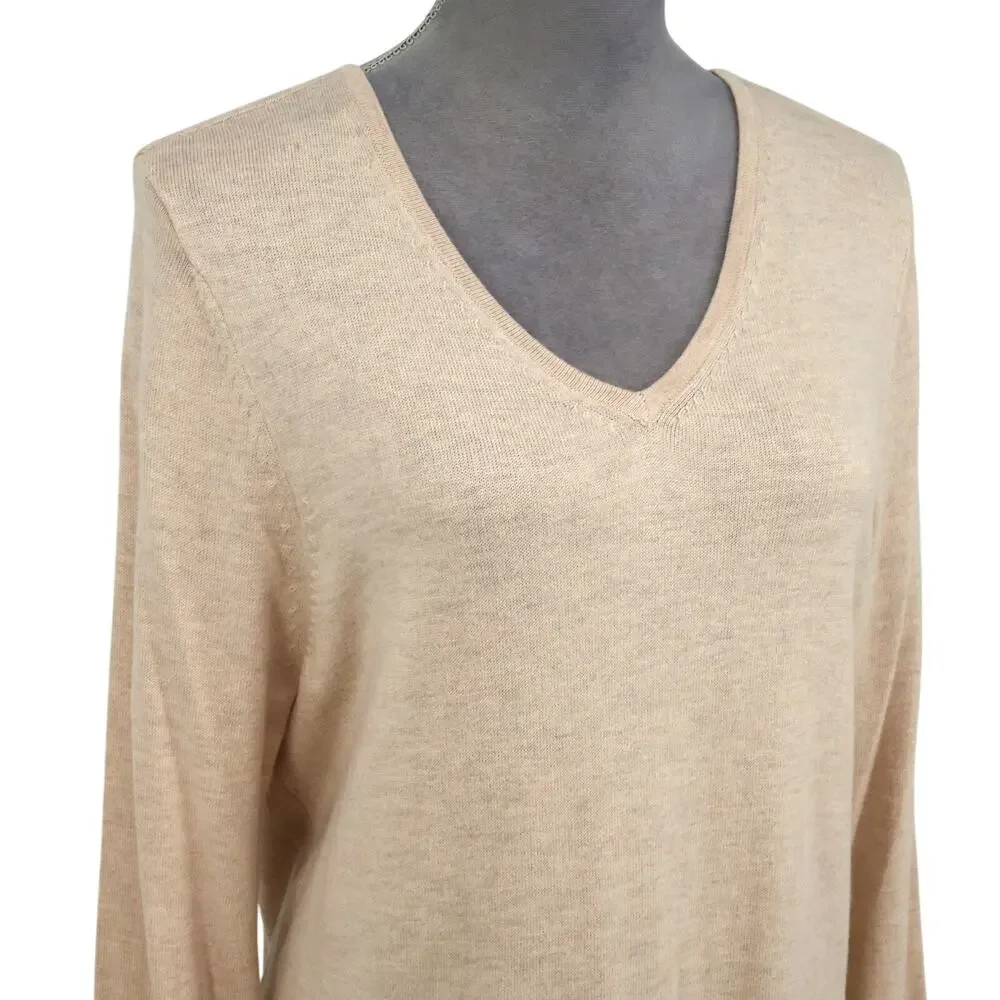 Chicos Sweater 2 Womens Large Beige Tan Cotton Blend Lace Hem Pullover Coastal